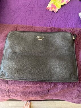GUESS Black Pebbled Leather Laptop Case with Gold Logo